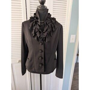 FEVER Evening Dinner Jacket Vtg Womens M Black Tux Ruffle Collar Coquette Career